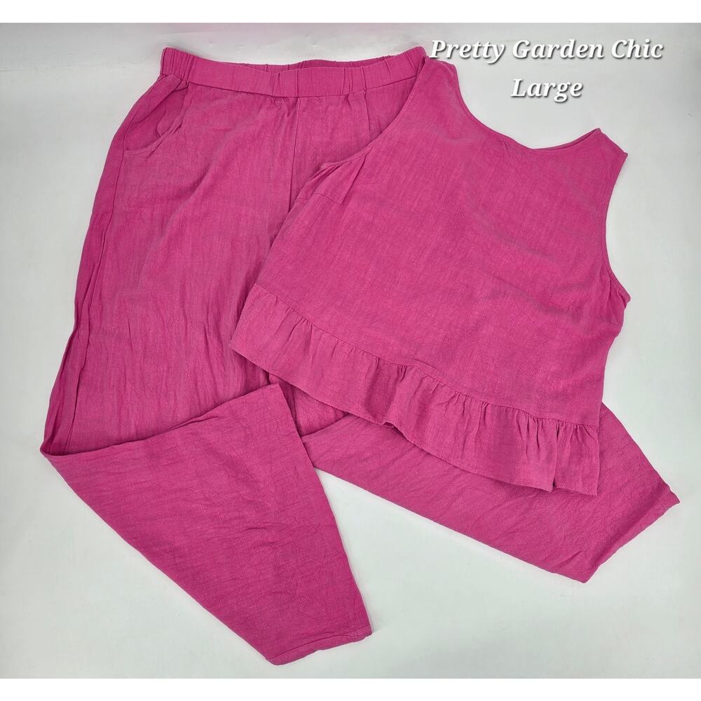 PrettyGarden Chic Pink‎ Linen Blend 2pc Set Sleeveless Top Elastic Waist Pants L